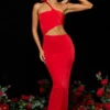 Abito lungo asimmetrico con cut-out in jersey Kalina in rosso scarlatto Abito lungo asimmetrico con cut-out in jersey Kalina in rosso scarlatto