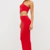 Abito lungo asimmetrico con cut-out in jersey Kalina in rosso scarlatto Abito lungo asimmetrico con cut-out in jersey Kalina in rosso scarlatto