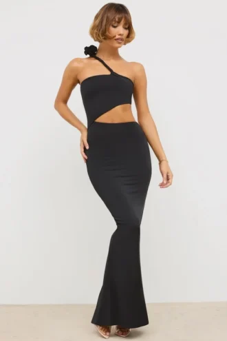 Abito lungo asimmetrico con cut-out in jersey Kalina, nero