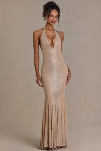 Abito lungo asimmetrico con scollo profondo e schiena scoperta Ameline Premium decorato in beige dorato Abito lungo asimmetrico con scollo profondo e schiena scoperta Ameline Premium decorato in beige dorato