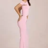 Abito lungo asimmetrico drappeggiato Calisse in rosa fiorito Abito lungo asimmetrico drappeggiato Calisse in rosa fiorito
