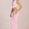 Abito lungo asimmetrico drappeggiato Calisse in rosa fiorito Abito lungo asimmetrico drappeggiato Calisse in rosa fiorito