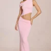 Abito lungo asimmetrico drappeggiato Calisse in rosa fiorito Abito lungo asimmetrico drappeggiato Calisse in rosa fiorito