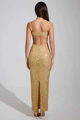 Abito lungo con collo a cappuccio e decorazioni Constance in oro