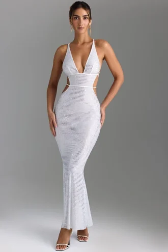 Abito lungo con cut-out e decorazioni sulla schiena Magdalena in bianco Abito lungo con cut-out e decorazioni sulla schiena Magdalena in bianco