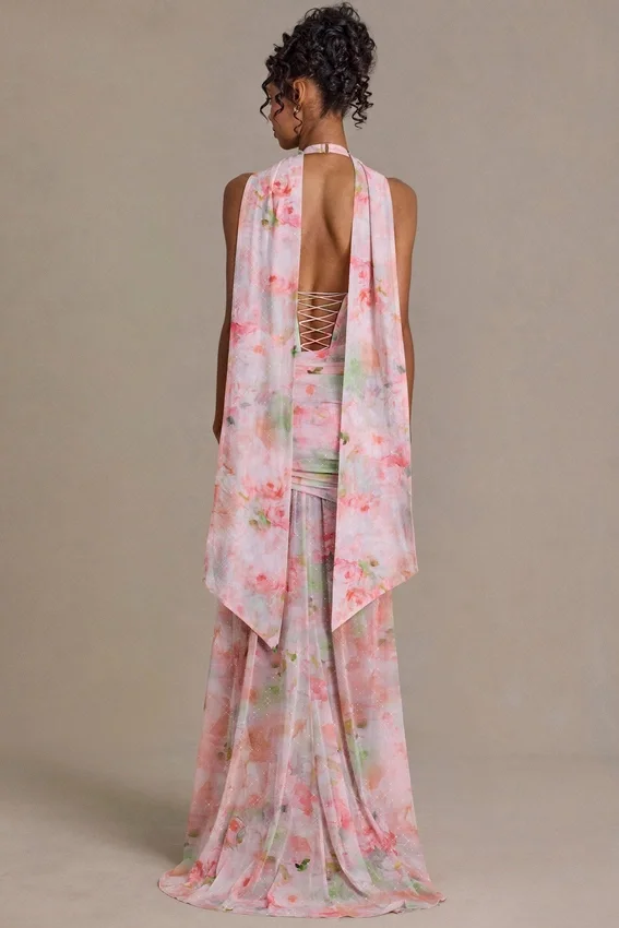 Abito lungo con dettagli a sciarpa decorato Primrose Premium con stampa floreale rosa Abito lungo con dettagli a sciarpa decorato Primrose Premium con stampa floreale rosa
