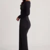 Abito lungo con scollo a barchetta e drappeggi in morbido jersey Mericia, colore nero Abito lungo con scollo a barchetta e drappeggi in morbido jersey Mericia, colore nero