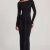 Abito lungo con scollo a barchetta e drappeggi in morbido jersey Mericia, colore nero Abito lungo con scollo a barchetta e drappeggi in morbido jersey Mericia, colore nero