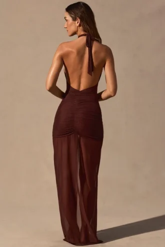 Abito lungo con scollo all’americana e cut-out Caicos in marrone espresso
