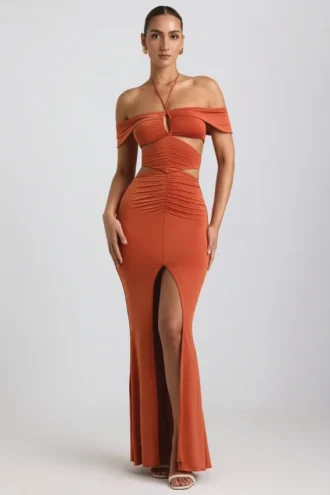 Abito lungo con scollo all’americana e cut-out in jersey morbido Karleen, colore arancione bruciato