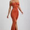 Abito lungo con scollo all’americana e cut-out in jersey morbido Karleen, colore arancione bruciato Abito lungo con scollo all’americana e cut-out in jersey morbido Karleen, colore arancione bruciato