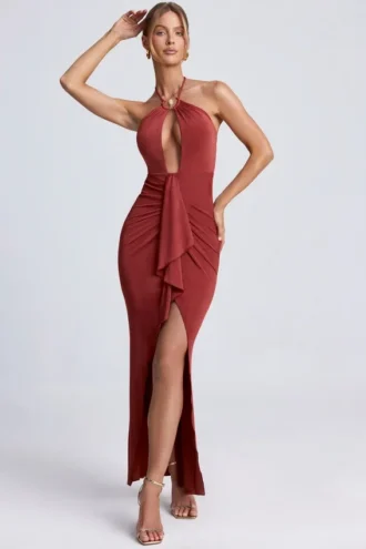 Abito lungo con scollo all’americana e dettagli metallici Margot in marrone ramato