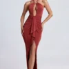 Abito lungo con scollo all’americana e dettagli metallici Margot in marrone ramato Abito lungo con scollo all’americana e dettagli metallici Margot in marrone ramato