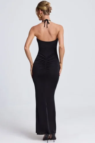 Abito lungo con scollo all’americana e dettagli metallici Margot in nero