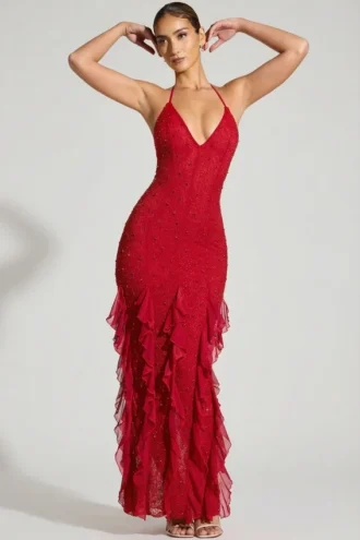 Abito lungo con scollo all’americana e volant decorato Anley in rosso