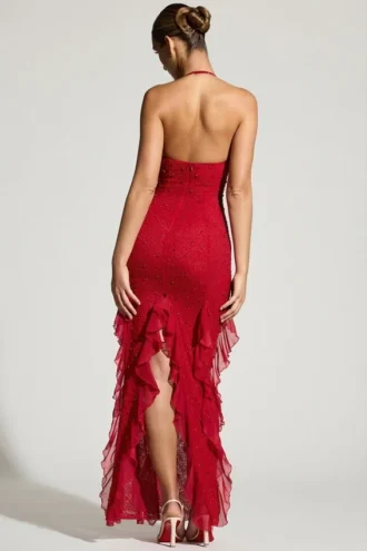 Abito lungo con scollo all’americana e volant decorato Anley in rosso