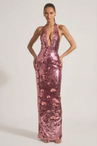 Abito lungo con scollo all’americana impreziosito da paillettes Nolira in rosa