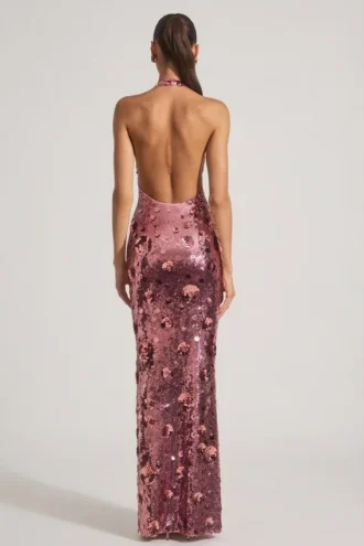 Abito lungo con scollo all’americana impreziosito da paillettes Nolira in rosa