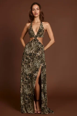 Abito lungo con scollo profondo e cut-out Tarsia con stampa leopardata