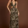 Abito lungo con scollo profondo e cut-out Tarsia con stampa leopardata Abito lungo con scollo profondo e cut-out Tarsia con stampa leopardata