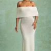 Abito lungo con spalle scoperte Naia Bouclé in bianco Abito lungo con spalle scoperte Naia Bouclé in bianco