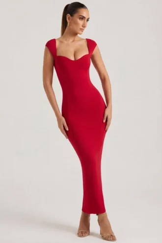 Abito lungo Dolcezza con scollo a cuore in rosso