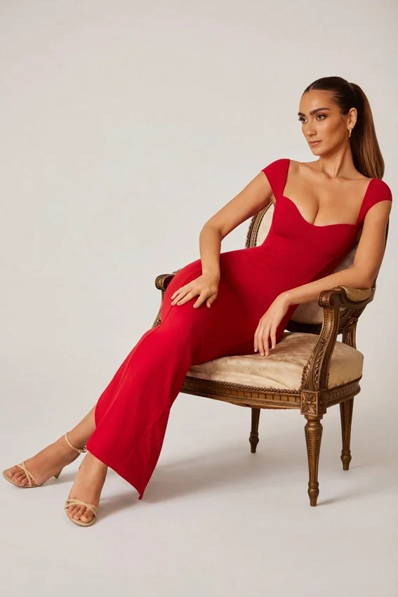 Abito lungo Dolcezza con scollo a cuore in rosso Abito lungo Dolcezza con scollo a cuore in rosso
