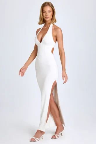 Abito lungo Elisana con scollo all’americana e bordi in pizzo, in TENCEL™ Modal, bianco