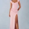 Abito lungo Elva in modal con scollo a cuore e drappeggio in vita, colore rosa cipria Abito lungo Elva in modal con scollo a cuore e drappeggio in vita, colore rosa cipria