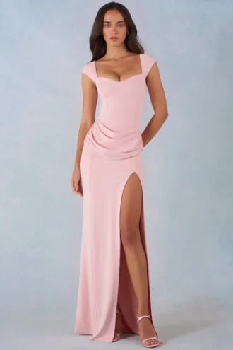 Abito lungo Elva in modal con scollo a cuore e drappeggio in vita, colore rosa cipria