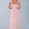 Abito lungo Elva in modal con scollo a cuore e drappeggio in vita, colore rosa cipria Abito lungo Elva in modal con scollo a cuore e drappeggio in vita, colore rosa cipria