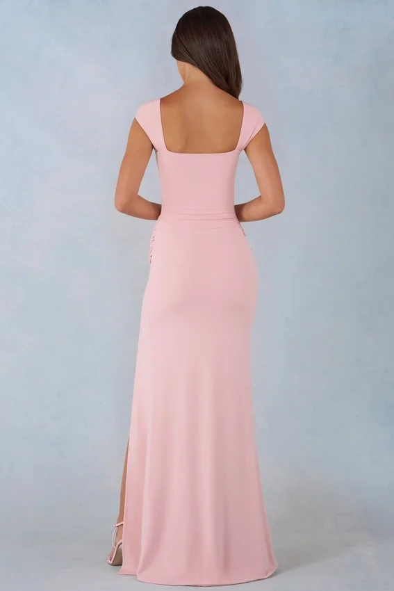 Abito lungo Elva in modal con scollo a cuore e drappeggio in vita, colore rosa cipria Abito lungo Elva in modal con scollo a cuore e drappeggio in vita, colore rosa cipria
