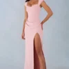Abito lungo Elva in modal con scollo a cuore e drappeggio in vita, colore rosa cipria Abito lungo Elva in modal con scollo a cuore e drappeggio in vita, colore rosa cipria