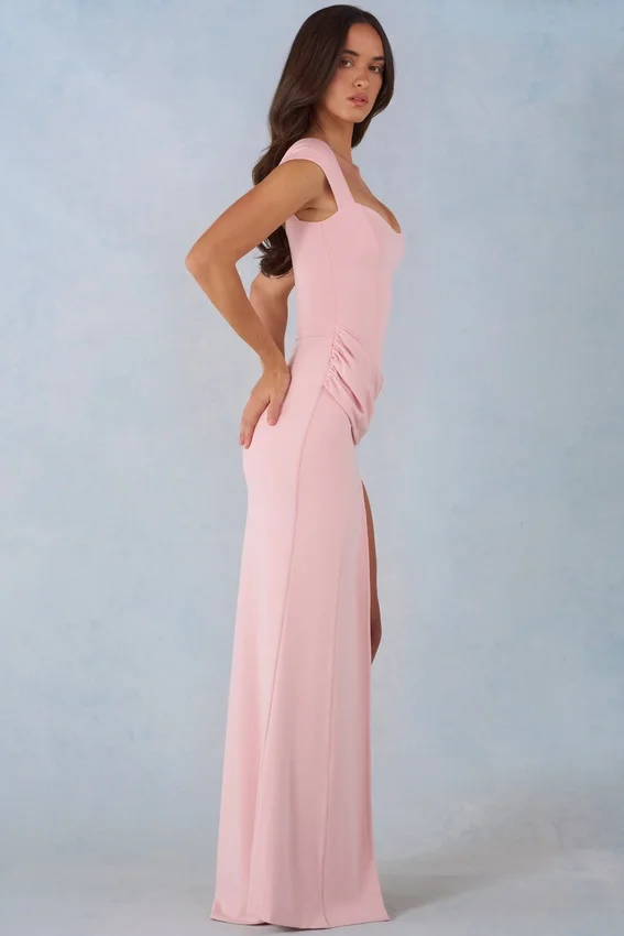 Abito lungo Elva in modal con scollo a cuore e drappeggio in vita, colore rosa cipria Abito lungo Elva in modal con scollo a cuore e drappeggio in vita, colore rosa cipria