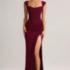 Abito lungo Elva in modal con scollo a cuore e vita arricciata, color vino Abito lungo Elva in modal con scollo a cuore e vita arricciata, color vino