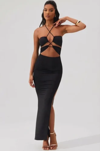 Abito lungo fino ai piedi con scollo all’americana e cut-out Oceane in nero