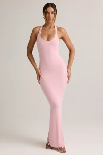 Abito lungo Imelda in modal con scollo a vogatore in rosa confetto