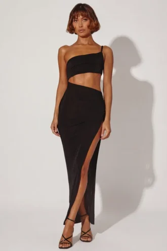 Abito lungo monospalla con cut-out Ishtar in nero