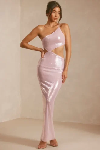 Abito lungo monospalla con paillettes trasparenti e cut-out Isabel in lilla