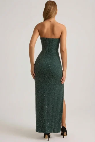 Abito lungo senza spalline con collo a cappuccio decorato La Rochette in verde smeraldo