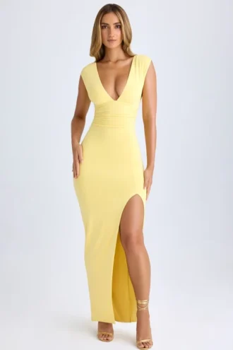 Abito lungo Sloane in modal con scollo a V e spacco sulla coscia, colore Lemon Sherbet