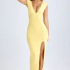 Abito lungo Sloane in modal con scollo a V e spacco sulla coscia, colore Lemon Sherbet Abito lungo Sloane in modal con scollo a V e spacco sulla coscia, colore Lemon Sherbet