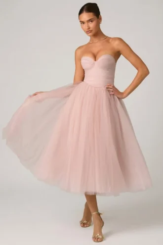 Abito midi a corpetto in tulle Cindy in rosa antico