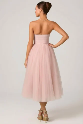 Abito midi a corpetto in tulle Cindy in rosa antico