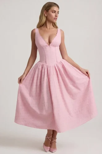 Abito midi A-line con fiocco in broderie anglaise Saidey in rosa tenue