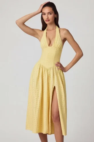 Abito midi con scollo all’americana in modal con ricamo inglese Farrah, giallo limone