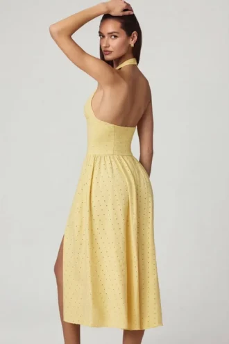 Abito midi con scollo all’americana in modal con ricamo inglese Farrah, giallo limone
