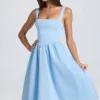 Abito midi drappeggiato con corpetto a corsetto Marguerite in blu polvere
