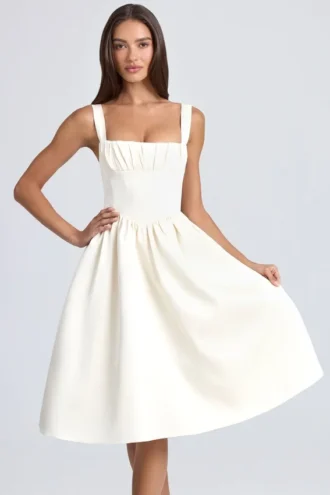 Abito midi drappeggiato con corpetto Marguerite in avorio