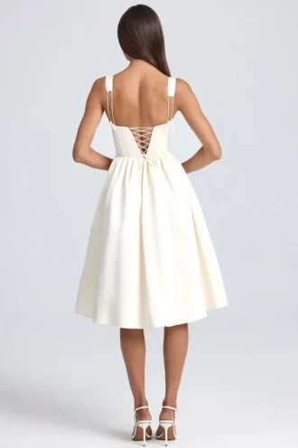 Abito midi drappeggiato con corpetto Marguerite in avorio
